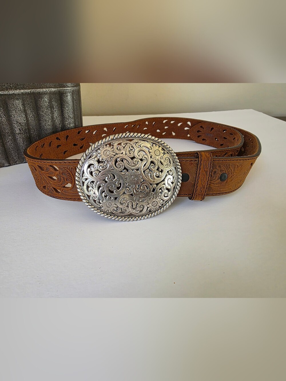Tony Lama Tooled Leather Western Belt Removable Buckle Size 36 - Picture 2 of 8